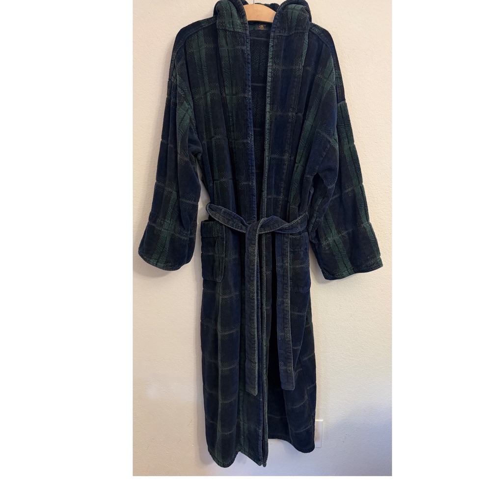 Club Room Mens Plaid Hooded Bath Robe Navy Green Terry Cloth 100% Cotton OS